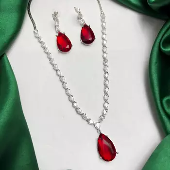 Ruby Red Teardrop Bridal Jewelry Set, CZ Crystal Necklace Earrings 2