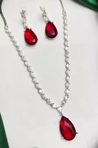 Ruby Red Teardrop Bridal Jewelry Set, CZ Crystal Necklace Earrings