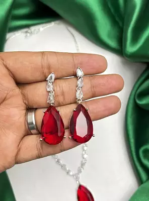 Ruby Red Teardrop Bridal Jewelry Set, CZ Crystal Necklace Earrings 3