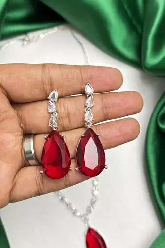 Ruby Red Teardrop Bridal Jewelry Set, CZ Crystal Necklace Earrings