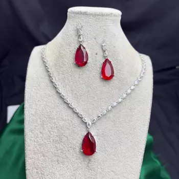 Ruby Red Teardrop Bridal Jewelry Set, CZ Crystal Necklace Earrings 4