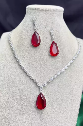 Ruby Red Teardrop Bridal Jewelry Set, CZ Crystal Necklace Earrings