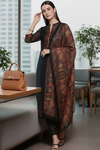 Women Ethnic Motifs Regular Chanderi Silk Kurta with Trousers & With Dupatta