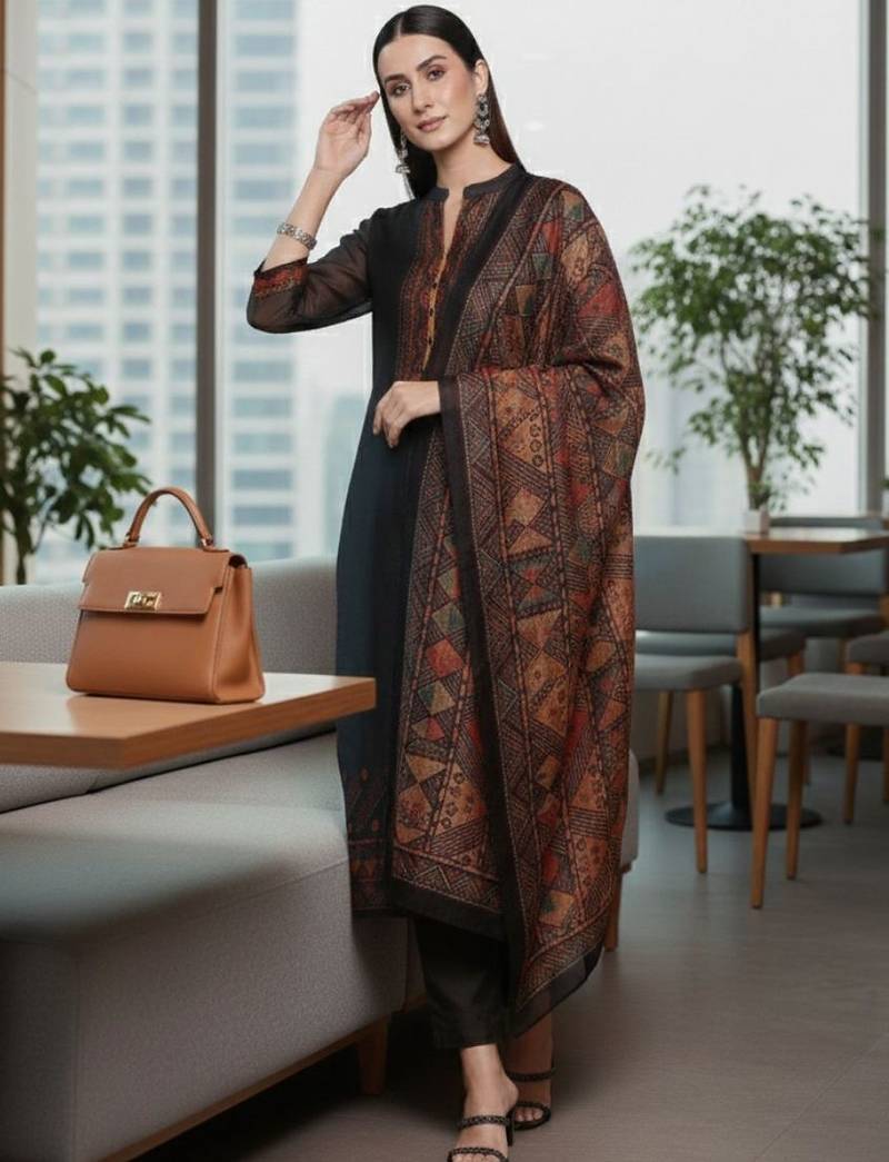 Women Ethnic Motifs Regular Chanderi Silk Kurta with Trousers & With Dupatta