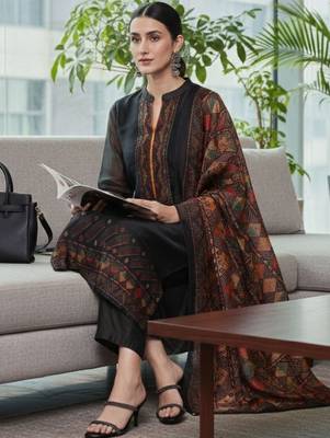 Women Ethnic Motifs Regular Chanderi Silk Kurta with Trousers & With Dupatta 2