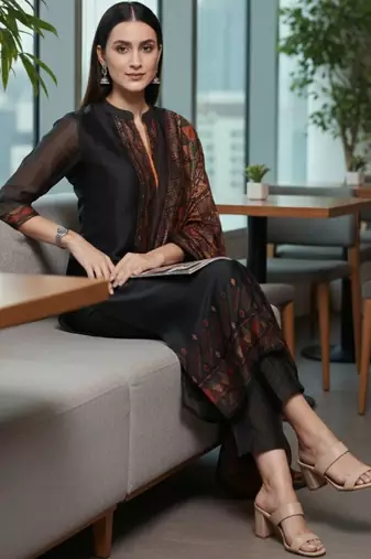 Women Ethnic Motifs Regular Chanderi Silk Kurta with Trousers & With Dupatta