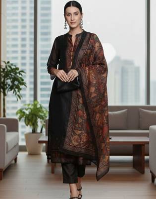 Women Ethnic Motifs Regular Chanderi Silk Kurta with Trousers & With Dupatta 7