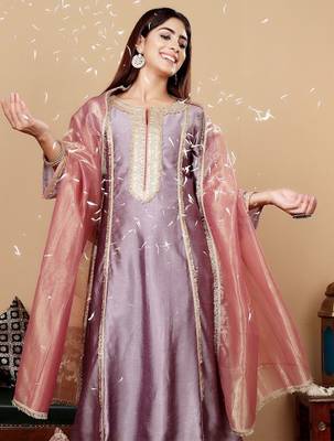 Lavender Embroidered Yoke Design Notch Neck Anarkali Kurta with Trousers & Dupatta 2