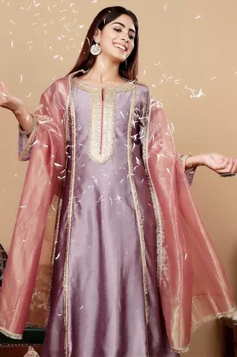 Lavender Embroidered Yoke Design Notch Neck Anarkali Kurta with Trousers & Dupatta
