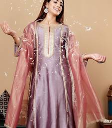 Lavender Embroidered Yoke Design Notch Neck Anarkali Kurta with Trousers & Dupatta