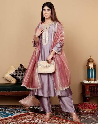 Lavender Embroidered Yoke Design Notch Neck Anarkali Kurta with Trousers & Dupatta 1