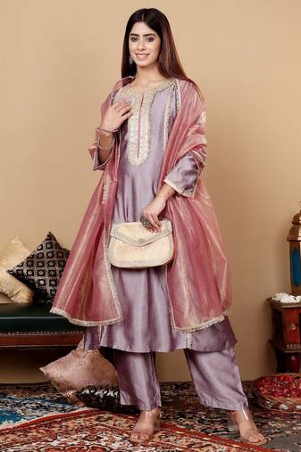 Lavender Embroidered Yoke Design Notch Neck Anarkali Kurta with Trousers & Dupatta