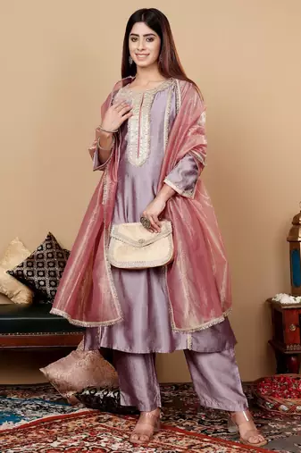 Lavender Embroidered Yoke Design Notch Neck Anarkali Kurta with Trousers & Dupatta