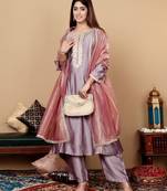 Lavender Embroidered Yoke Design Notch Neck Anarkali Kurta with Trousers & Dupatta