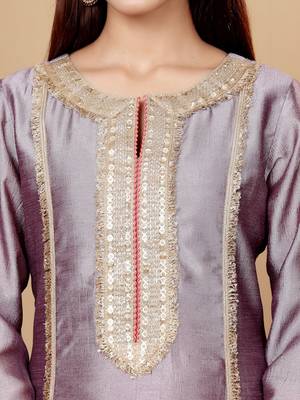 Lavender Embroidered Yoke Design Notch Neck Anarkali Kurta with Trousers & Dupatta 3
