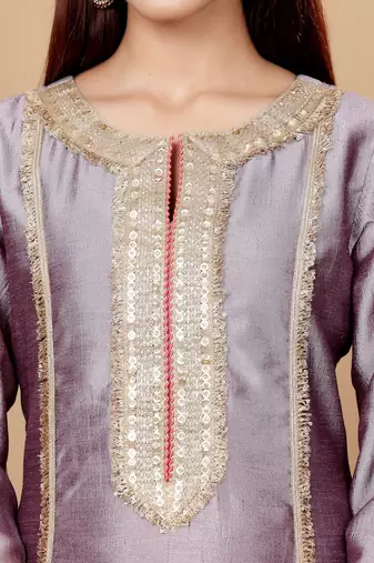 Lavender Embroidered Yoke Design Notch Neck Anarkali Kurta with Trousers & Dupatta