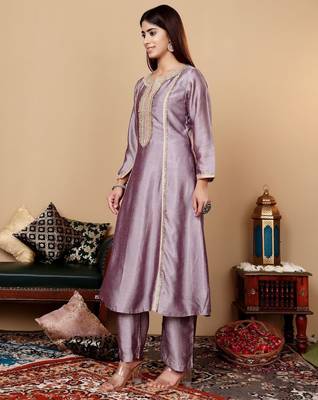 Lavender Embroidered Yoke Design Notch Neck Anarkali Kurta with Trousers & Dupatta 6