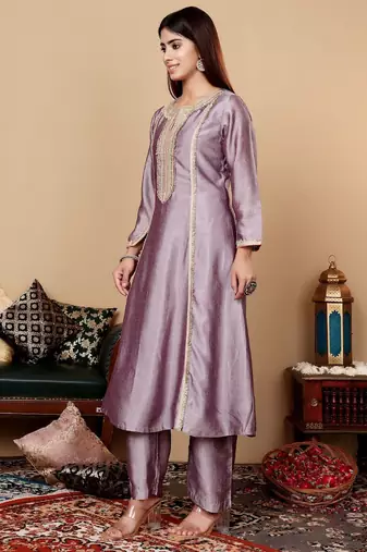 Lavender Embroidered Yoke Design Notch Neck Anarkali Kurta with Trousers & Dupatta