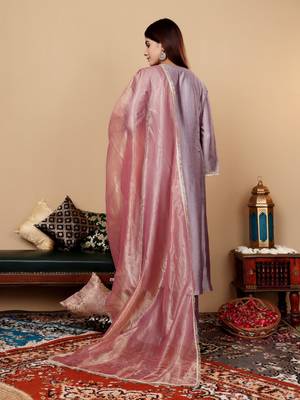 Lavender Embroidered Yoke Design Notch Neck Anarkali Kurta with Trousers & Dupatta 7