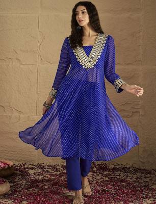 Bandhani Printed V-Neck Mirror Work Georgette Kurta with Trousers 1