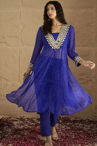 Bandhani Printed V-Neck Mirror Work Georgette Kurta with Trousers