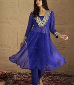 Bandhani Printed V-Neck Mirror Work Georgette Kurta with Trousers