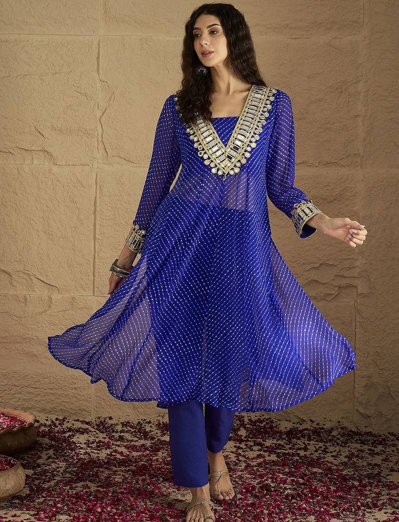 Bandhani Printed V-Neck Mirror Work Georgette Kurta with Trousers