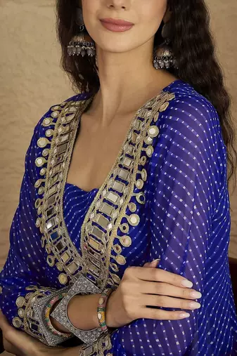 Bandhani Printed V-Neck Mirror Work Georgette Kurta with Trousers