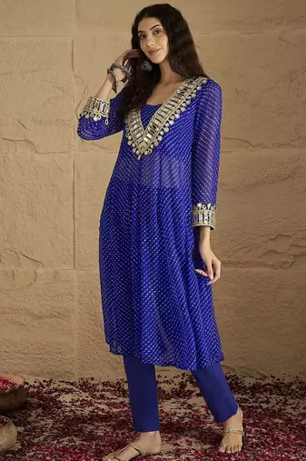 Bandhani Printed V-Neck Mirror Work Georgette Kurta with Trousers