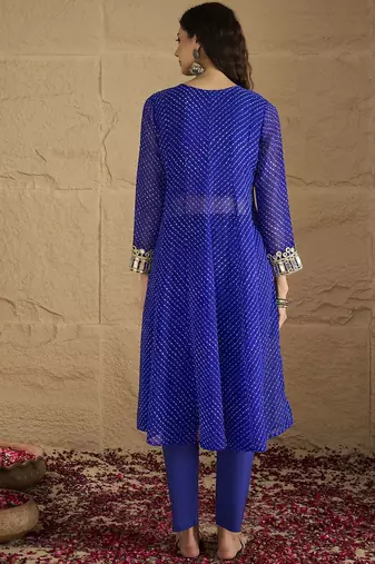 Bandhani Printed V-Neck Mirror Work Georgette Kurta with Trousers
