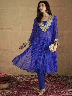 Bandhani Printed V-Neck Mirror Work Georgette Kurta with Trousers 6