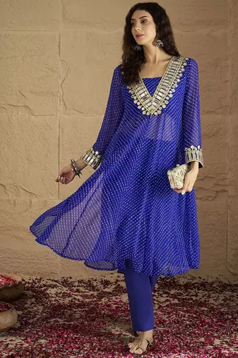 Bandhani Printed V-Neck Mirror Work Georgette Kurta with Trousers