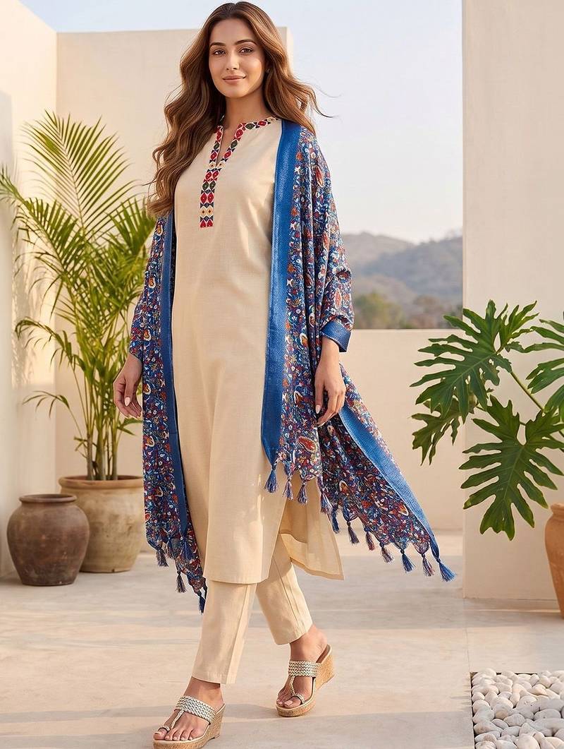 Women Ethnic Motifs Embroidered Regular Thread Work Kurta with Trousers & With Dupatta