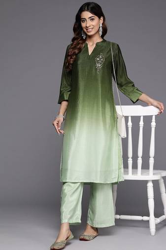 Dyed Mandarin Collar Sequinned & Beaded Kurta With Trouser
