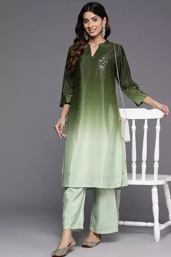 Dyed Mandarin Collar Sequinned & Beaded Kurta With Trouser
