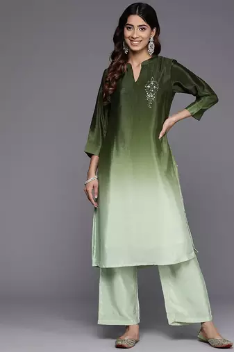 Dyed Mandarin Collar Sequinned & Beaded Kurta With Trouser