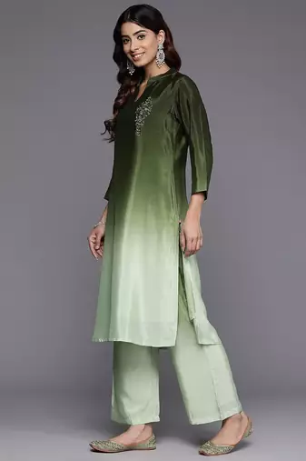 Dyed Mandarin Collar Sequinned & Beaded Kurta With Trouser