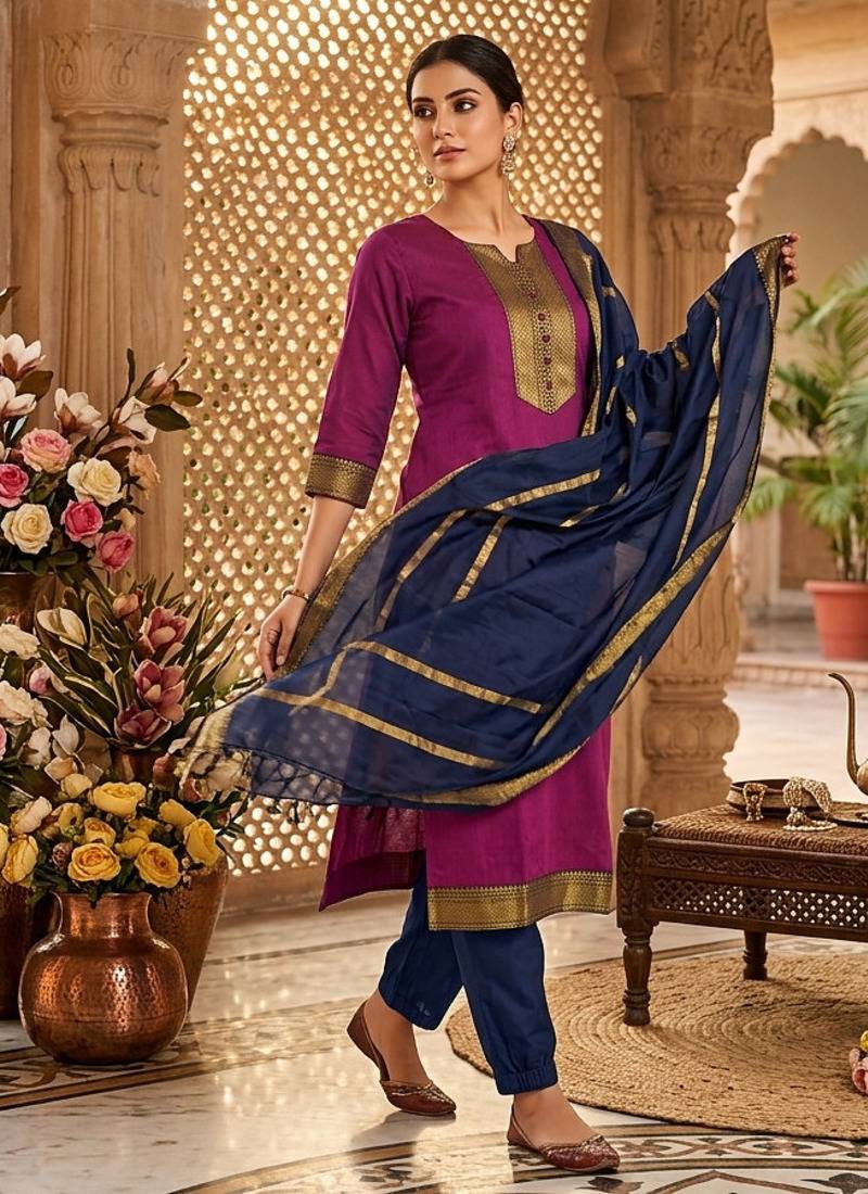 Rani woven jaquard straight kurti dupatta with pant