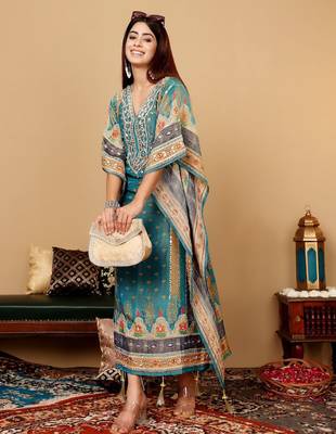 Ethnic Motifs Embroidered Gotta Patti Pure Silk Kaftan Kurta with Trousers 1