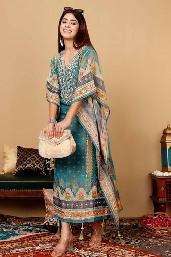 Ethnic Motifs Embroidered Gotta Patti Pure Silk Kaftan Kurta with Trousers