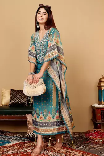 Ethnic Motifs Embroidered Gotta Patti  Silk Kaftan Kurta with Trousers