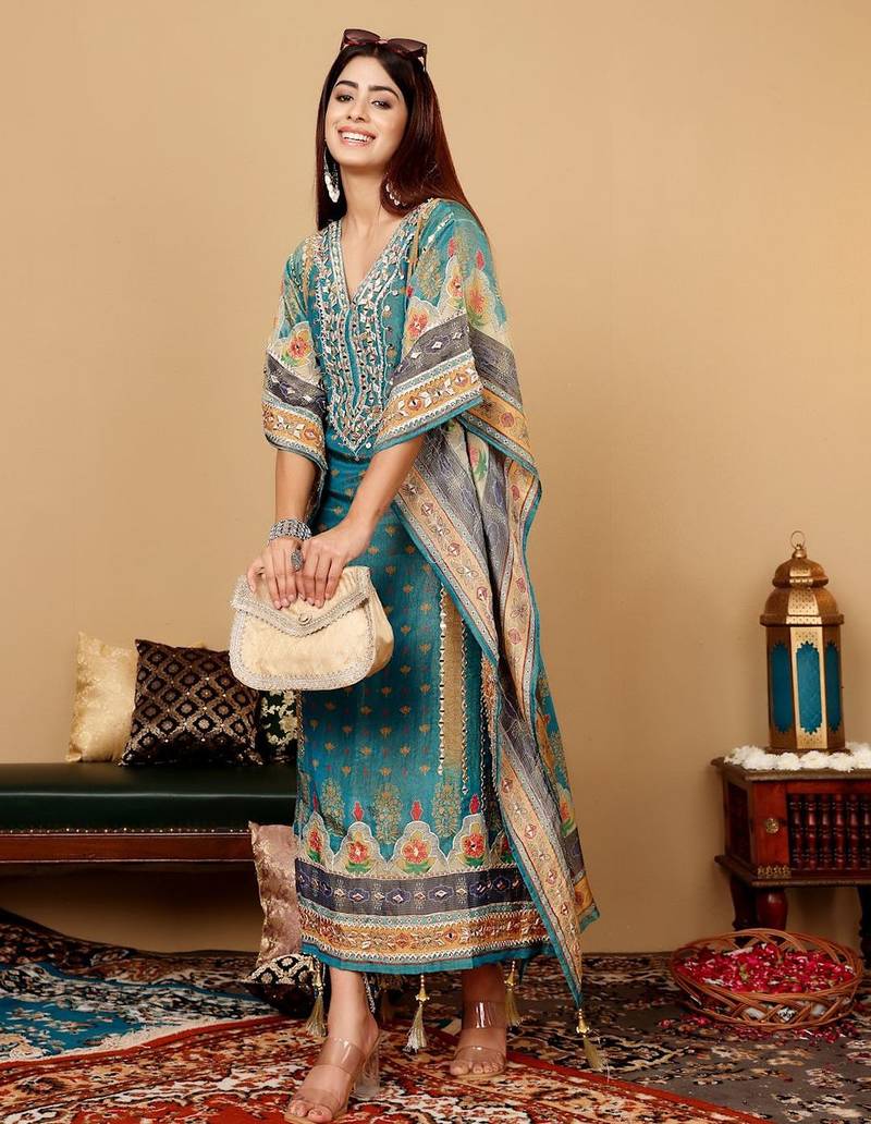 Ethnic Motifs Embroidered Gotta Patti Pure Silk Kaftan Kurta with Trousers
