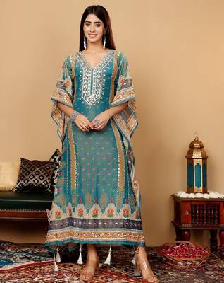 Ethnic Motifs Embroidered Gotta Patti Pure Silk Kaftan Kurta with Trousers 2