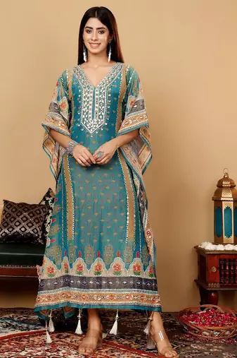 Ethnic Motifs Embroidered Gotta Patti  Silk Kaftan Kurta with Trousers