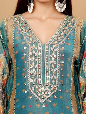 Ethnic Motifs Embroidered Gotta Patti Pure Silk Kaftan Kurta with Trousers 3