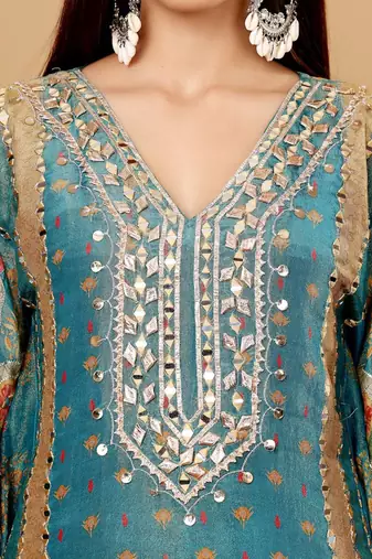 Ethnic Motifs Embroidered Gotta Patti  Silk Kaftan Kurta with Trousers