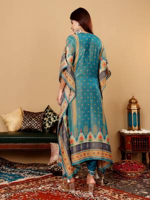 Ethnic Motifs Embroidered Gotta Patti Pure Silk Kaftan Kurta with Trousers 5