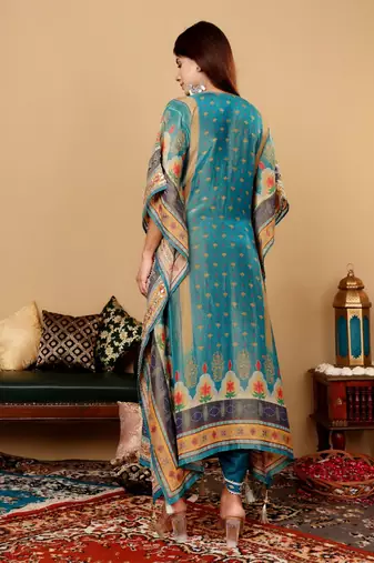 Ethnic Motifs Embroidered Gotta Patti  Silk Kaftan Kurta with Trousers