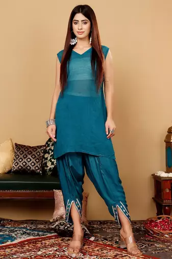 Ethnic Motifs Embroidered Gotta Patti  Silk Kaftan Kurta with Trousers