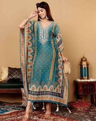 Ethnic Motifs Embroidered Gotta Patti Pure Silk Kaftan Kurta with Trousers 7